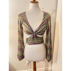 UO Urban Outfitters Womens Kary Keyhole Tie Blouse Sz M Festival Boho 70s Retro